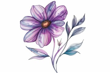 Obraz premium Watercolor illustration of a purple flower with green leaves, showcasing delicate petals and subtle shading on a white background.