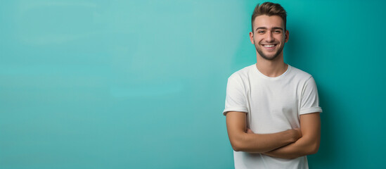 A happy young man with a stylish hairstyle and in casual clothes