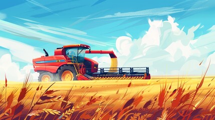 Obraz premium Vector illustration of a combine harvester machine in field.