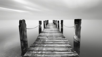 Obraz premium Peaceful ancient pier in black and white, with weathered wood and calm waters, creating a serene and timeless scene
