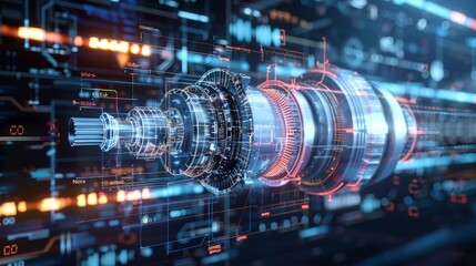 Real-time twin technology engines, focusing on a big turbine engine with advanced digital enhancements and modern engineering