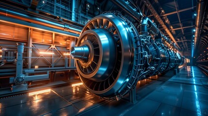 Real-time twin technology engines, focusing on a big turbine engine with advanced digital enhancements and modern engineering