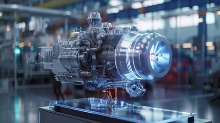 Real-time twin technology engines, focusing on a big turbine engine with advanced digital enhancements and modern engineering