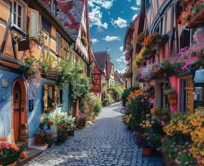 Fototapeta premium Baeutiful colorful houses with a cobbled street decorated with vibrant flowers. 