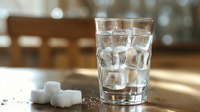 Soda glass with a heap of sugar cubes next to it, illustrating the sugar used, focusing on the drink's sugar content