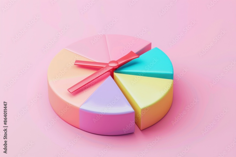 Poster colorful pie chart on pink background with 3d effect representing business data analysis and statist