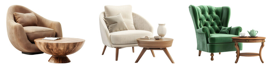 Cozy armchair with coffee table on transparent background