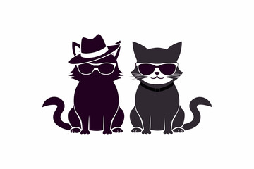 Two cats are sitting in sunglasses and wearing hats silhouette vector style illustration. 