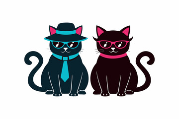 Two cats are sitting in sunglasses and wearing hats silhouette vector style illustration. 