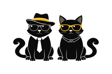 Two cats are sitting in sunglasses and wearing hats silhouette vector style illustration. 