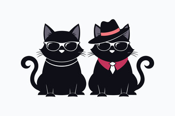 Two cats are sitting in sunglasses and wearing hats silhouette vector style illustration. 