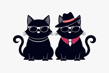 Two cats are sitting in sunglasses and wearing hats silhouette vector style illustration. 