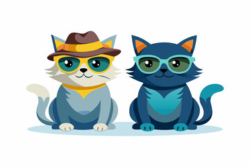 Two cats are sitting in sunglasses and wearing hats silhouette vector style illustration. 