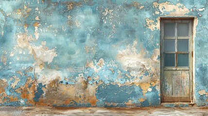 A Mediterranean stucco wall, textured and sun-baked, with a faded blue and white wash