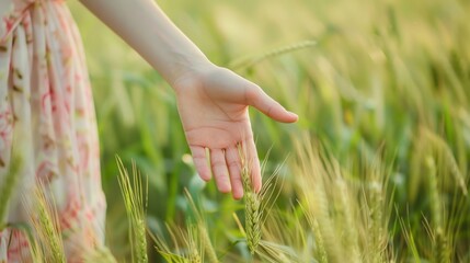 Closeup view of hand of a beautiful female touching green young wheat ear in field.