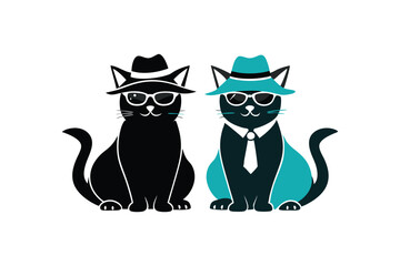 Two cats are sitting in sunglasses and wearing hats silhouette vector style illustration. 