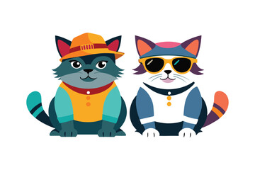 Two cats are sitting in sunglasses and wearing hats silhouette vector style illustration. 