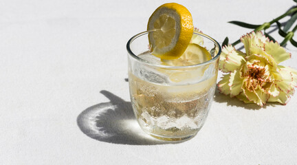 Cold Lemon Water with Carnation on Table