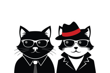 Two cats are sitting in sunglasses and wearing hats silhouette vector style illustration. 