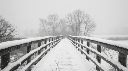 Wooden bridge in a stark black and white photo, leading through a snowy landscape with bare trees and overcast skies