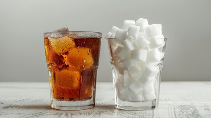 Soft drink in a glass with a mound of sugar cubes next to it, representing the sugar amount, creating a visual health comparison