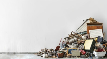 A pile of old items and clutter ready for donation or disposal, with a blank background providing space for advertising spring cleaning events or fundraisers