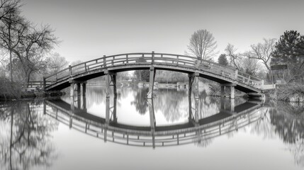 Timeless black and white photo of an old wooden bridge, arching over a calm pond with reflections of the bridge in the water