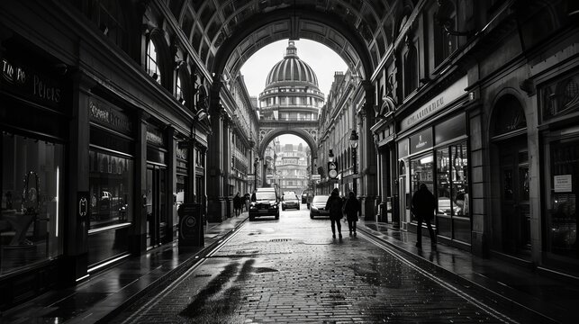 Fototapeta Timeless black and white photo of a central street with an impressive arch, evoking a sense of history and elegance