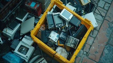 Top view of a recycling bin overflowing with discarded electronic items, illustrating the importance of recycling hazardous e-waste in households