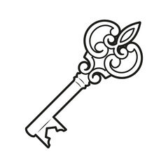 Illustration of a vintage antique key. Linear sketch. Printable flat vector print on white background