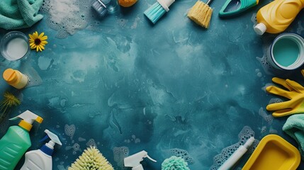 A top-down view of various cleaning products neatly arranged on a table, with space around for text or graphics promoting spring cleaning services or products