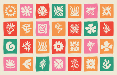 Vector logo and print design templates, summer palms, tropical hand drawn illustrations,  palm trees boho elements, grid patterns and prints with square elements for social media and posts, stationery