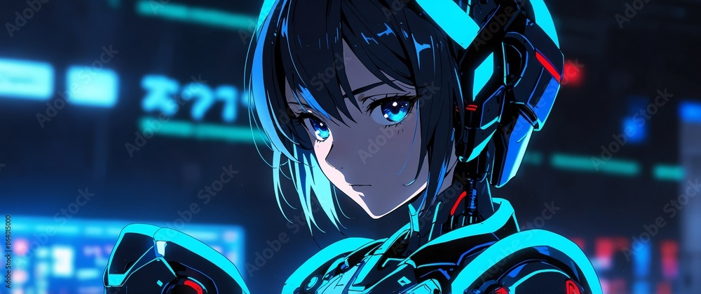 Poster blue android humanoid robot neon light theme abstract background with copy space for banner