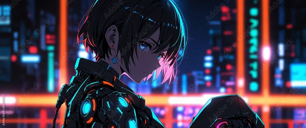 Aufkleber black android humanoid robot neon light theme abstract background with copy space for banner