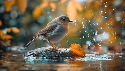 European robin (Erithacus rubecula) with water drops