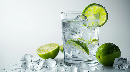 Gin and Tonic drink soda lime lemonade with a lot of ice white background