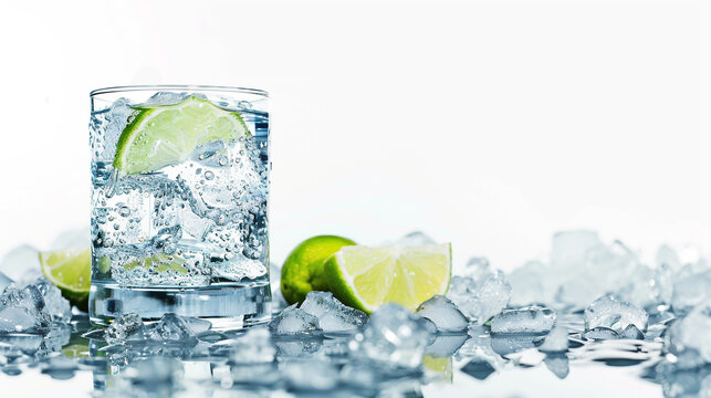 Gin and Tonic drink soda lime lemonade with a lot of ice white background