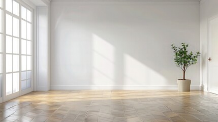 A spacious living room with minimalist decor, including an empty white board on the wall and a tall green bamboo plant in a sleek pot