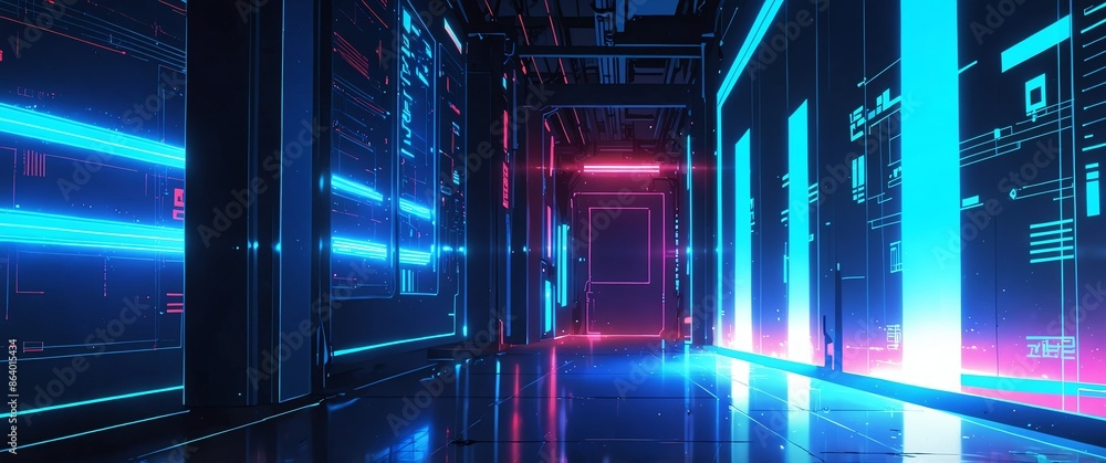 Poster blue tech neon light path theme abstract background with copy space for banner