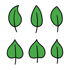 Hand drawn cartoon set of green leaves on a white background.