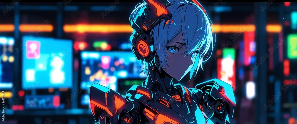Poster colorful android humanoid robot neon light theme abstract background with copy space for banner