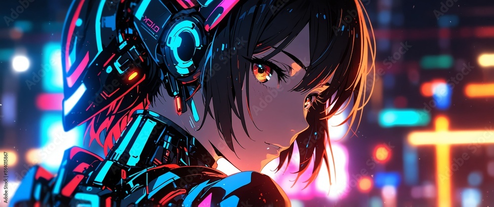 Poster colorful android humanoid robot neon light theme abstract background with copy space for banner