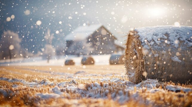Closeup view of dry crop hay bale in farm land field in winter with snow