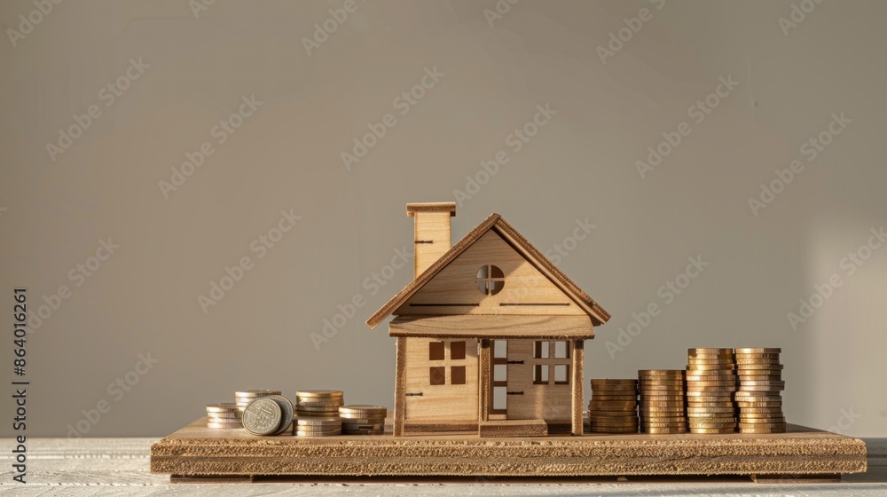 Poster a tabletop display of money coins and a loan house model, with a blank background allowing for custo