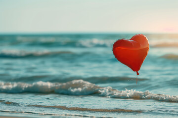Fototapeta premium Red heart-shaped balloon flies over the beach. Sea coast, bright sun, summer
