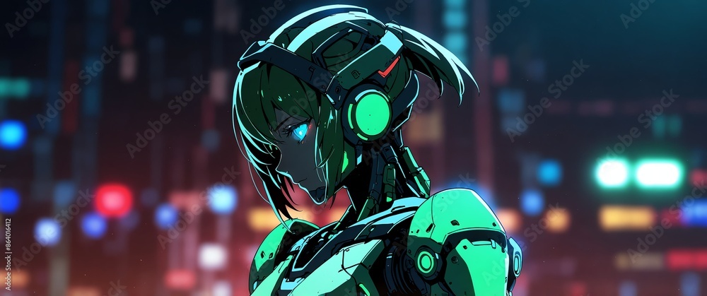 Aufkleber green android humanoid robot neon light theme abstract background with copy space for banner
