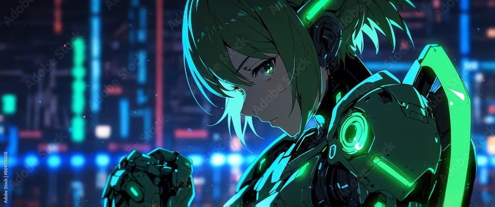 Aufkleber green android humanoid robot neon light theme abstract background with copy space for banner
