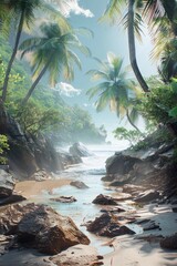 Rocky tropical beach with palm tree