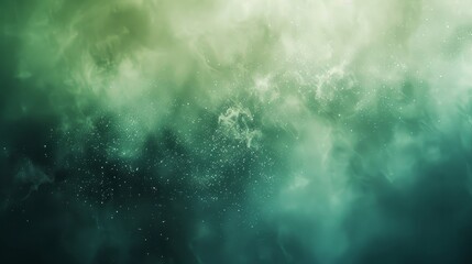 Mist-like green and blue crystals sparkling particles and gentle ethereal light beams