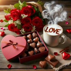 box of heart-shaped chocolates on a wooden table, a bouquet of red roses on top of the box of chocolates and next to a mug of hot chocolate with smoke coming out writing love